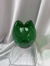 MCM Blenko Green Glass Pinched Double Vase Top Vintage Winslow Anderson 6.5”