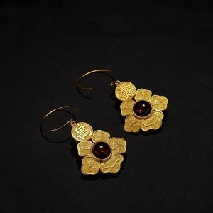 Authentic Gold Plated Longevity Dangle Earrings Chinese Hanfu