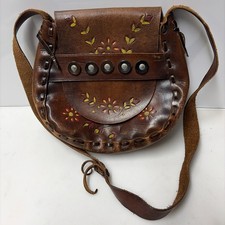 Vintage 60  s 70  s Tooled Leather Shoulder Bag Hippie Painted Floral - Boho Purse