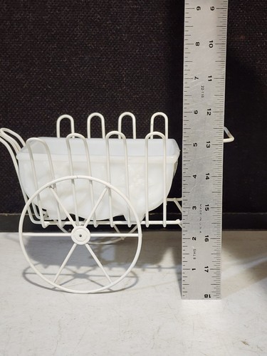 Akro Agate White Wire WAGON Metal PLANTER Stand w/ WHITE Slag Glass Flower Pot - Picture 5 of 6