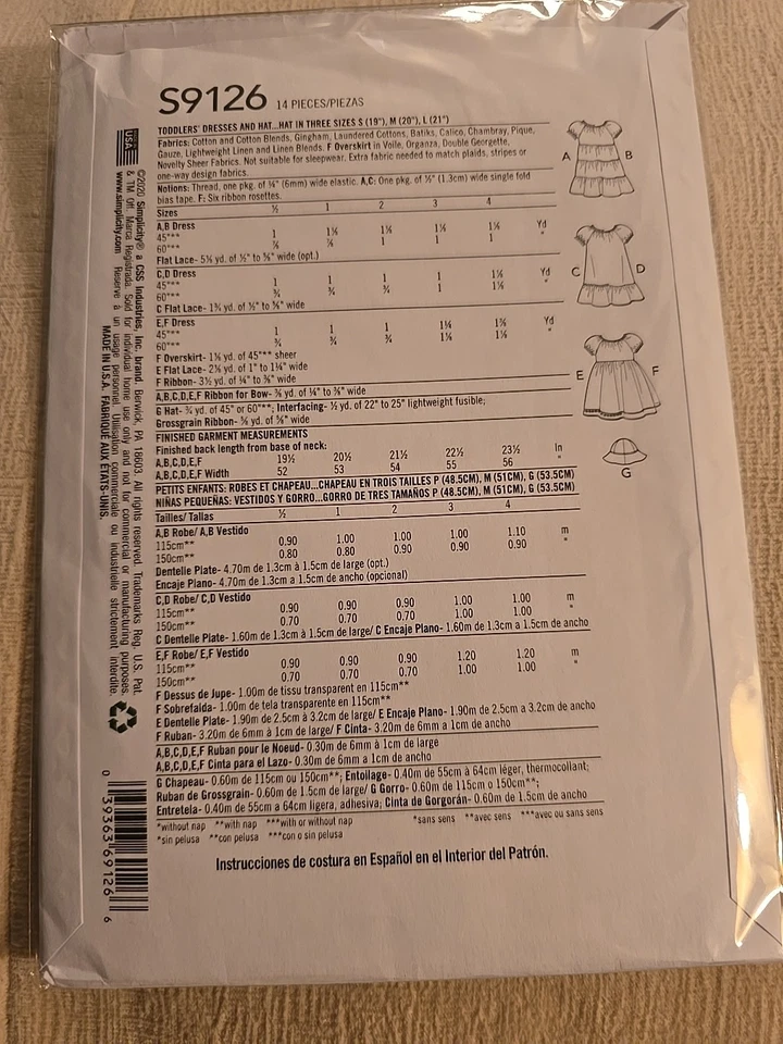 Simplicity S9126 Sewing Pattern Crafts Girls Size 2 3 4 Dress Hat Uncut New  - Image 2 of 2