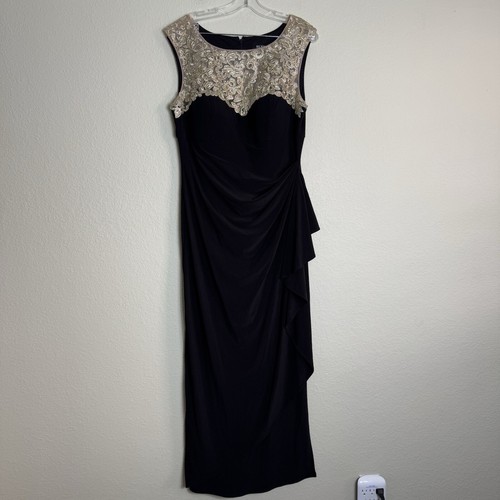 SLNY Formal Dress Black w/Gold Chest Applique Size 12 Long Beaded Ruffle