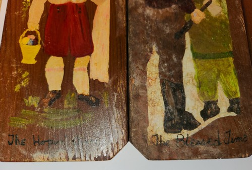 6er Set Volkskunst Gemälde auf Holz Großeltern & Kinder Sgnd Elaine sehr alt - Bild 5 von 16