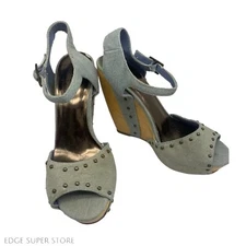 Bakers Light Denim Blue Studded Open Pointed Toe Wood High Heel Pump Wedge 6.5 M