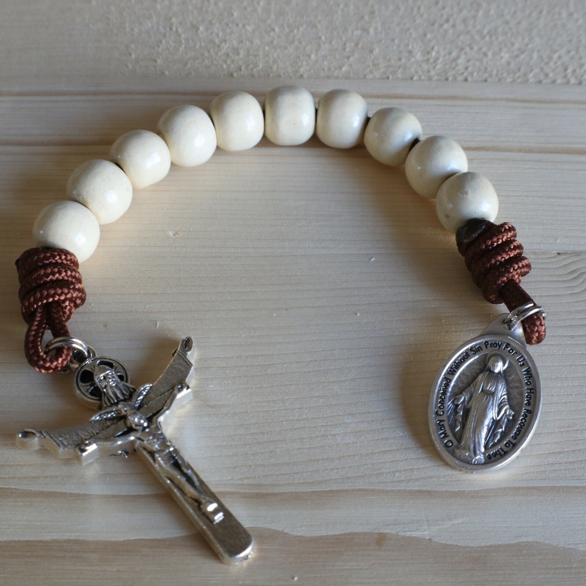 One Decade Natural Wood Bead Pocket Rosary Brown Paracord Cord