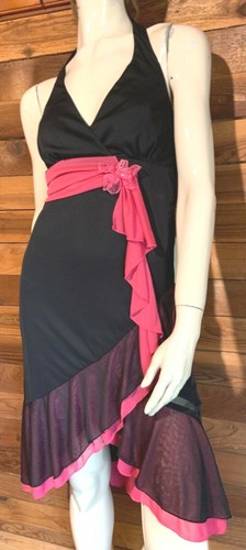 VINTAGE 1980s RUBY ROX BLACK SIZE MEDIUM HALTER DRESS with PINK TRIM #13928 - Picture 3 of 9
