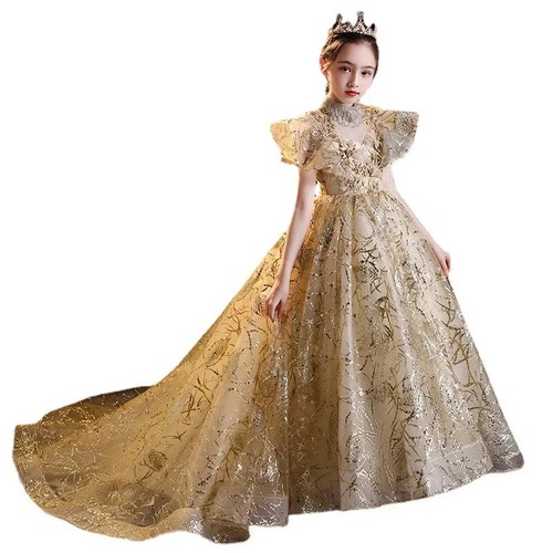 Girl Dress with Tailing Wedding Bridesmaid Evening Dresses Kids Long Tulle Gowns - Picture 5 of 18
