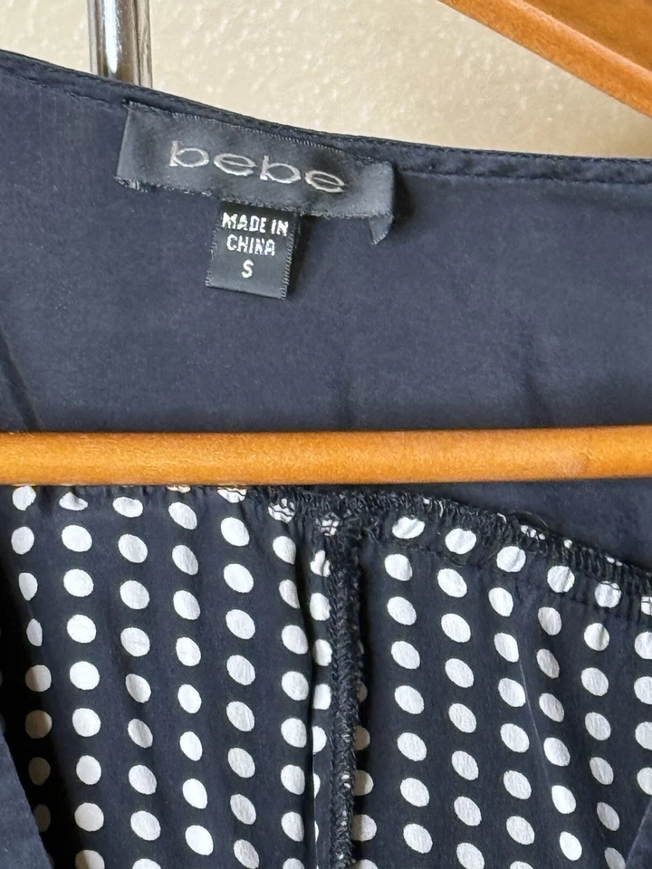 Y2K Bebe Silk Dress Women's Size S V-Neck Blue & White Polka Dot Fit & Flare - Image 3 of 4