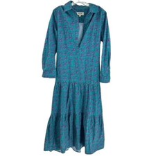 Porridge Anthro Ruffle Maxi Dress Sz S Blue Purple Graphic Belted Button Front