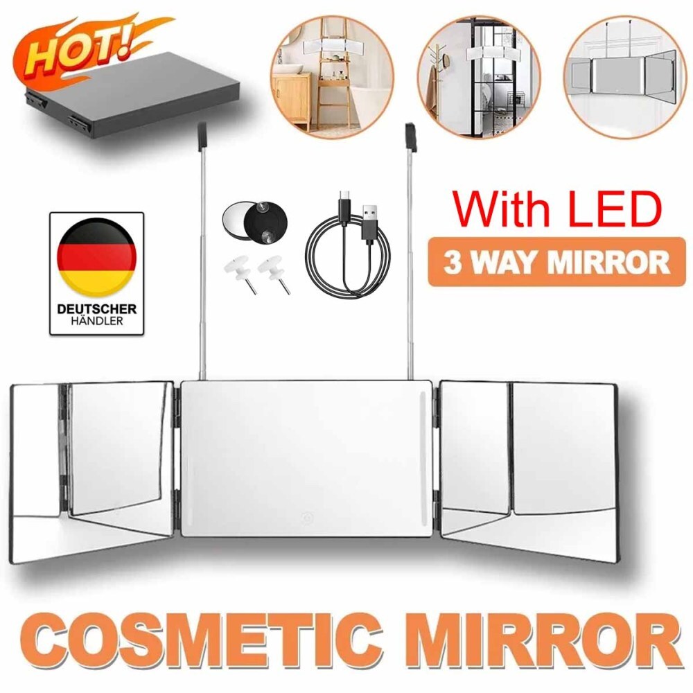 360° Spiegel LED Kosmetikspiegel Friseurspiegel Tragbarer Trifold Klappspiegel
