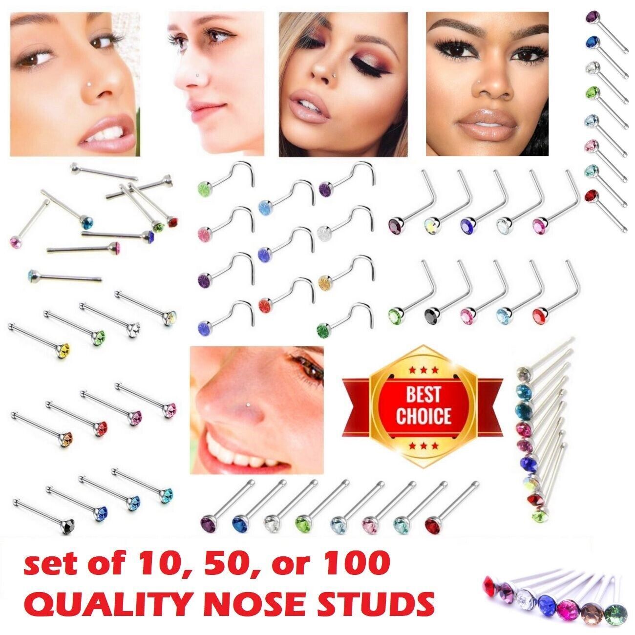 Nose Stud Sets Surgical Steel L Screw Straight Silver Ball End Nose Pin Piercing
