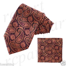 New Men's Brand Q Microfiber Neck Tie Necktie & Hankie Set Paisley Orange Black