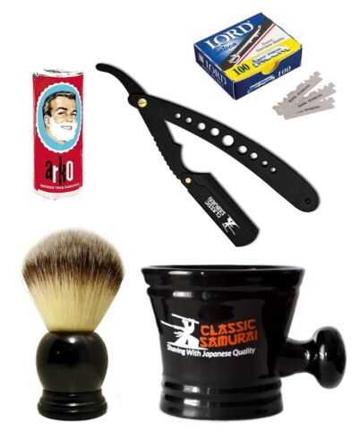 Men's Shaving Gift Set Brush, Arko Soap, Mug, Straight Razor, Lord Single Blades