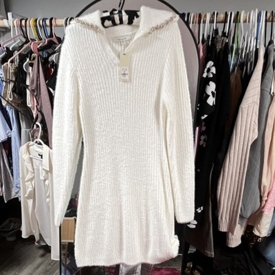 francesca's White Ribbed Knit Pullover Sweater dressRhinestone Collared V-Neck M