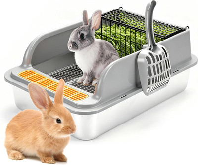 Stainless Steel Rabbit Litter Box W Hay Feeder and Litter Scoop, 19.7 X 13.8 X 7