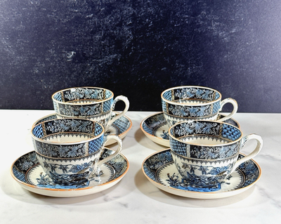 #ad Set 4 Antique Copeland Spode Transferware KEW Cups Saucers Aesthetic Movement $88.00