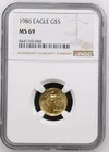 NobleSpirit GOLD 1986 American Eagle $5 1/10th Oz NGC MS 69