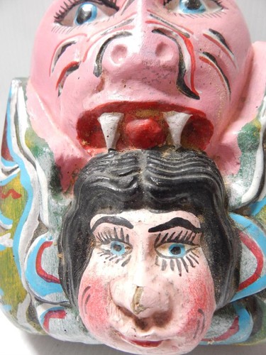 VINTAGE MEXICAN DOUBLE PORTRAIT DANCE MASK CARVED WOOD MEXICO OLD
