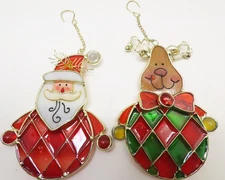 Stained Glass Sun Catcher Christmas Ornaments Santa Rudolph Lot 2ct  D4513