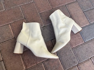 Zara Cream Leather Front Zip Ankle Boots Block Heel Minimalist Euro Style Sz 38