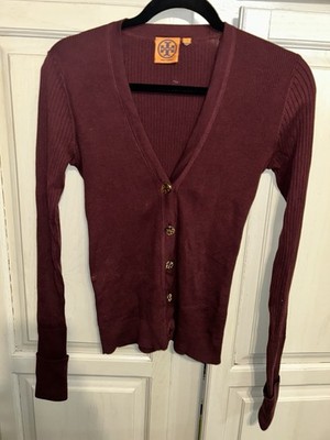 Tory Burch size XS Cardigan Gold Logo Buttons Maroon Excellent