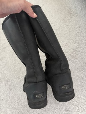 UGG Women s Black Leather Knee High Slip-On Boots Round Toe Rubber Sole US 9