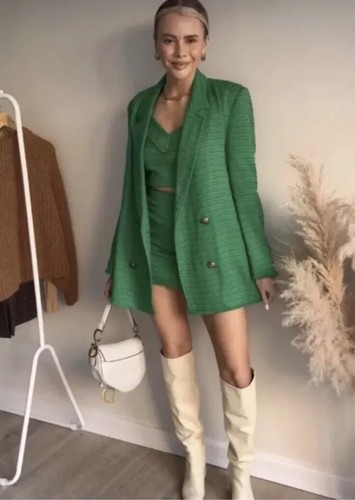 Zara Womens Green Tweed Double Breasted Longline Suit Jacket Blazer Lined Size S - Picture 3 of 17