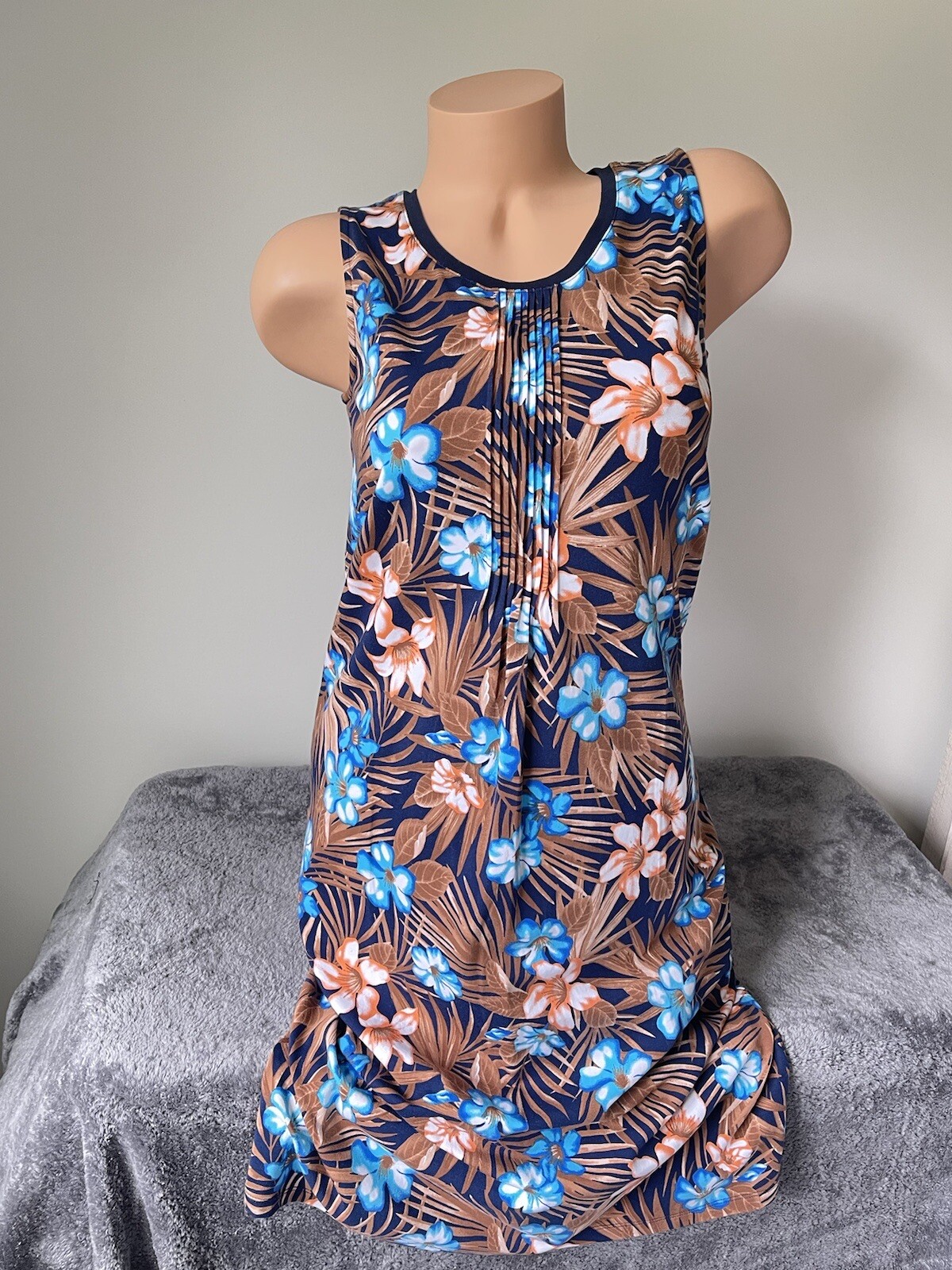 Lands End Blue Floral Pin Tuck Beach Dress Coastal Tropical XS Tall