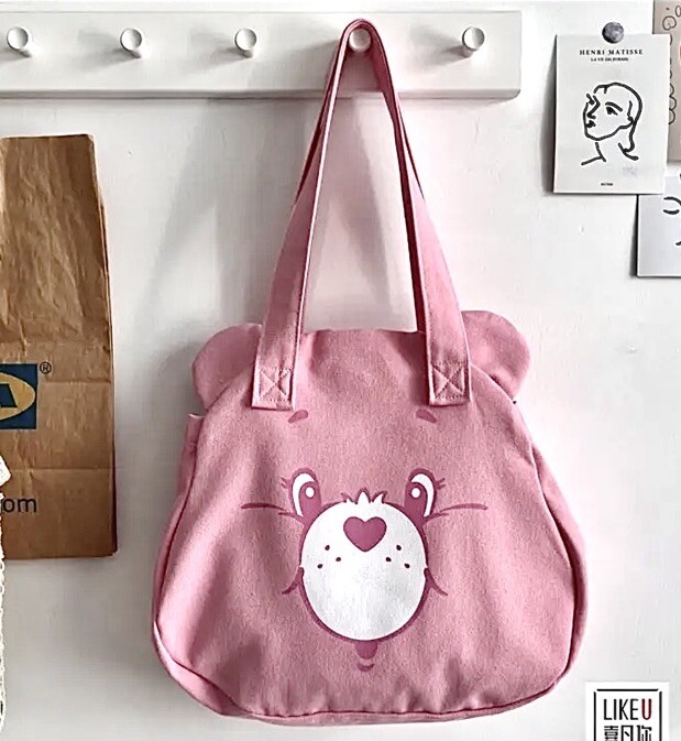 Care Bears Canvas Tote Pink Cute Cheer Bear Face Hand Bag