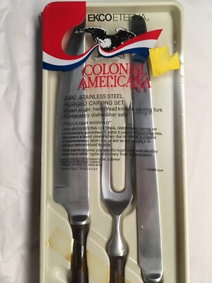 New 3pc EKCO Eterna Colonial Americana Carving Set Brown  Ekco VTG MCM Eterna Colonial Americana 3pc Carving Set w/ Wood Holder Japan main image 0