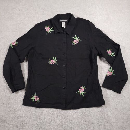 Sag Harbor Button Up Linen Shirt Women's L Black Floral Embroidered Long Sleeve - Picture 1 of 12