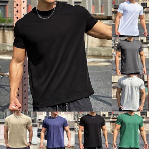 Mens Short Sleeve Gym T-Shirt Round Neck Bodybuilding Workout Tees Tunic Tops + - Picture 1 of 31