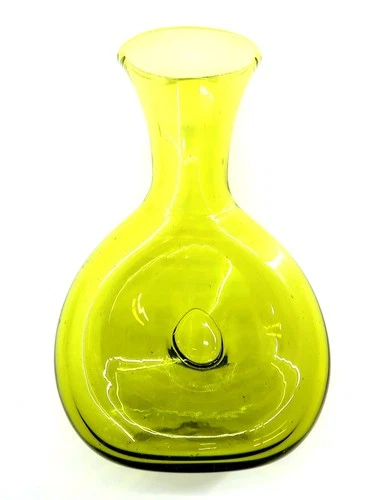 BLENKO 7" Donut Bottle Vase 441 Art Glass Chartreuse / Green Pinched Design