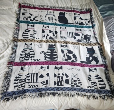 Crown Crafts Vintage 100% Cotton Cat Blanket Pat Meyers - Made In USA