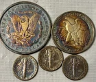 🌈5 US 90% SILVER Morgan $1 Walking Liberty 50c 3-Mercury Dimes Rainbow Toned🌈