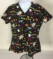 SB Scrub Top Women Size S Black w Ghost Spiders Pumpkins Cats Halloween Pockets