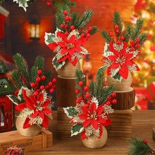 Christmas Poinsettias Artificial Christmas Flowers Floral Red Table Top Pinec...