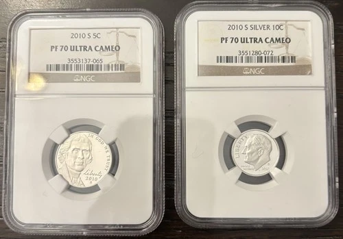 2010-S Proof Silver Roosevelt Dime & Jefferson Nickle - NGC PF 70 Ultra Cameo