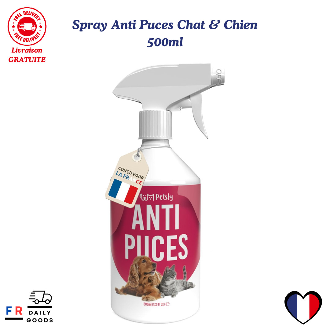 Anti puces non tachant Petsly spray 500ml traitement pour chien et chat