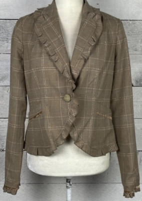 Intuitrans Womens Blazer Womens 8 Checkered Long Sleeve Ruffle pocket Workwear