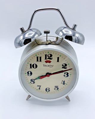 Antique White Metal Bell TROPHY Mechanical Alarm Clock WORKS Vintage