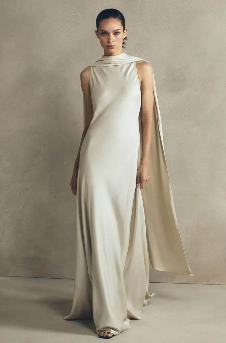 REISS KEIRA ATELIER DUCHESS SATIN CAPE MAXI DRESS in CHAMPAGNE UK SIZE 16  NEW