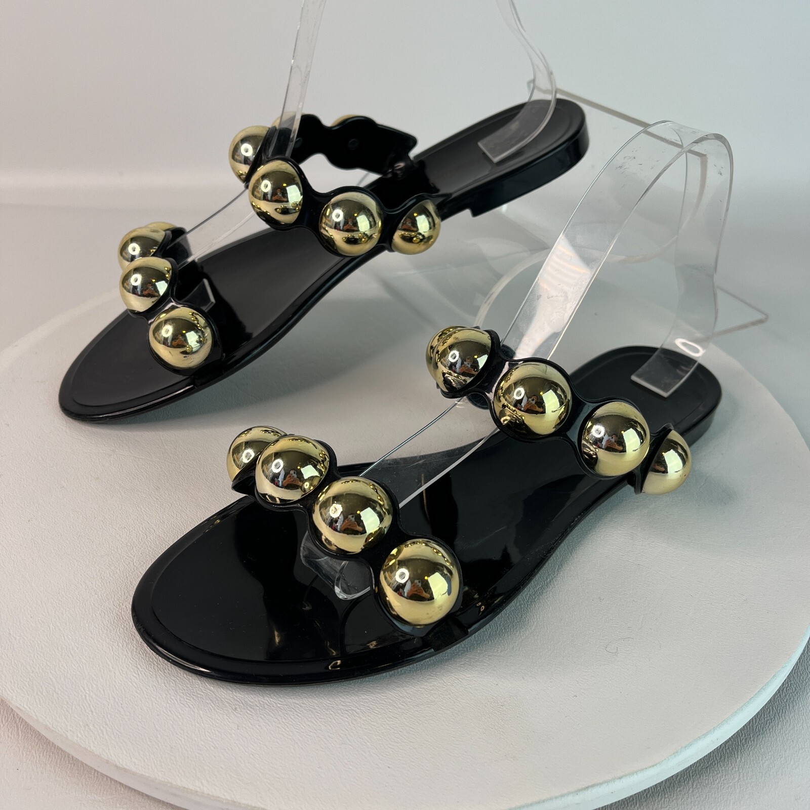 Steve Madden Womens Chrishelle Black Jelly Slide Flat Sandal Gold Studs 8M  | eBay