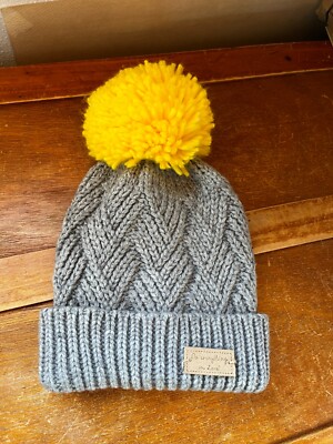 Gray Acrylic Knit w Bright Yellow Large Puff Ball Pom Pom Winter Cap Hat  Beanie