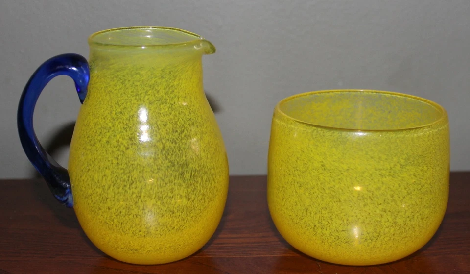 JUEGO DE CREMA Y AZÚCAR VIDRIO ARTÍSTICO AMARILLO TRANSLÚCIDO ENCANTADOR HECHO A MANO Foto 2 de 4