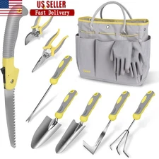 Ergonomic Stainless Steel Gardening Tools Set W/ Tote Bag 10 Piece Kit New
