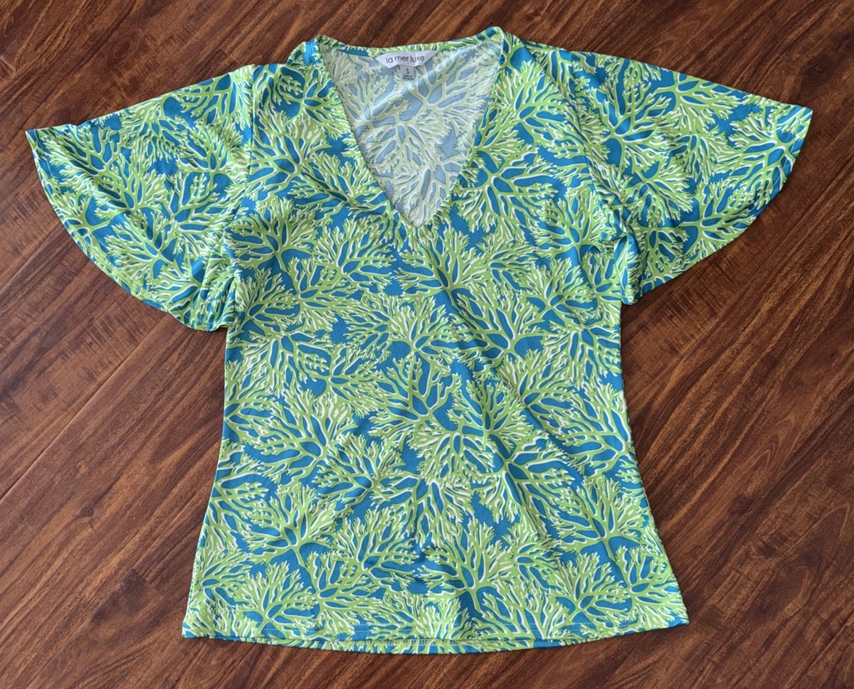 La Mer Luxe Escapada Womens Swim Cover-up Top Coral Blue Green Beach Top Sz S