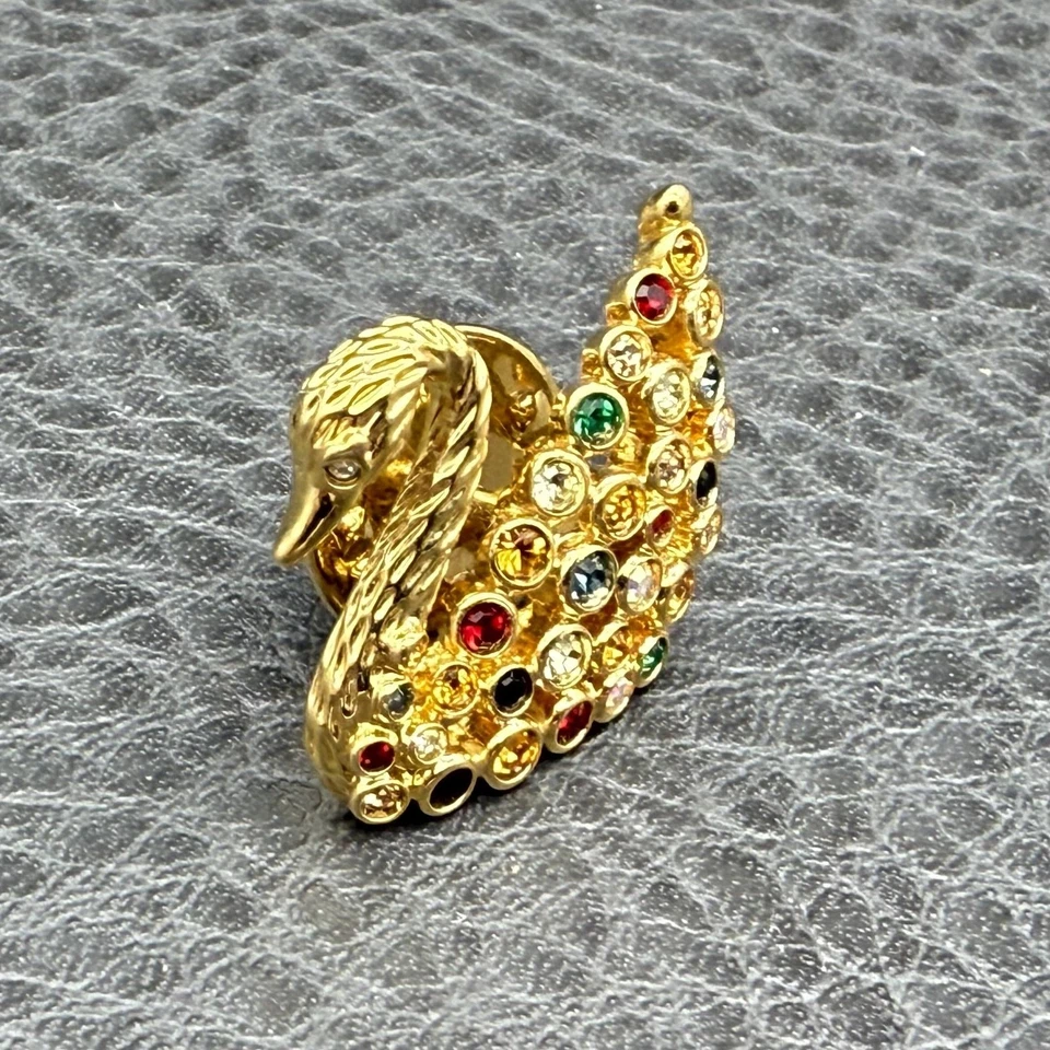 Swarovski Swan Lapel Pin Tie Tack Gold Tone Multicolor Rhinestone Crystal Bird - Image 4 of 4