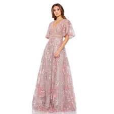 MAC DUGGAL Women's Pink Embroidered Flounce Sleeve A Line Gown Size 8 NWT