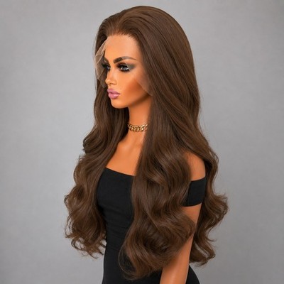 Long Wavy Kleberfreie Lace-Front-Perücken Hellbraun Hitzebeständiges Haar